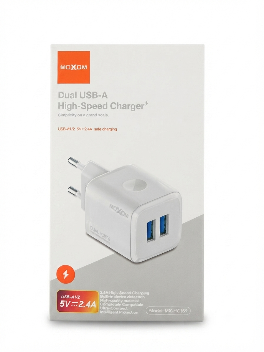 شاحن MOXOM الجداري بمدخلين (Dual USB-A) السريع - موديل MX-HC159 متوفر الآن لدى MT Mobile