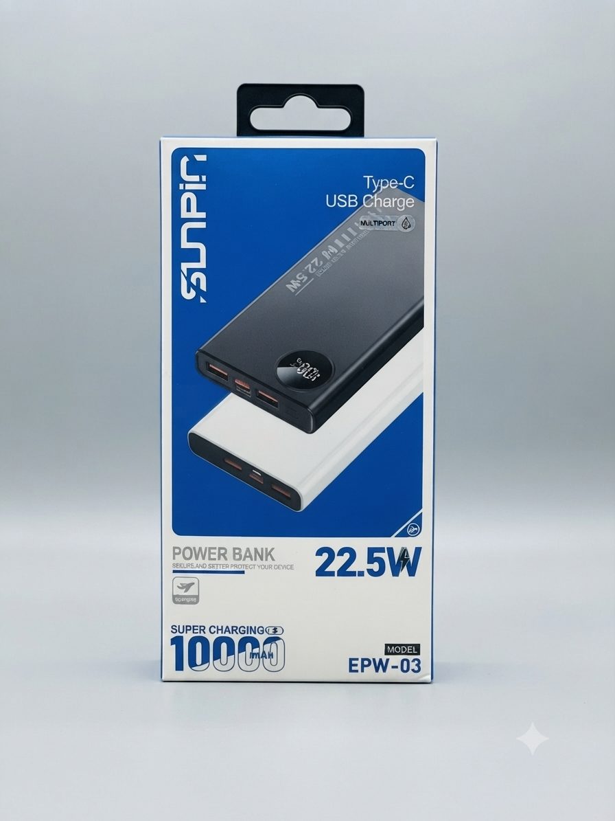 باور بانك سريع SUNPIN - سعة 10000mAh - قوة 22.5W - موديل EPW-03 - متوفر لدى Mt mobile