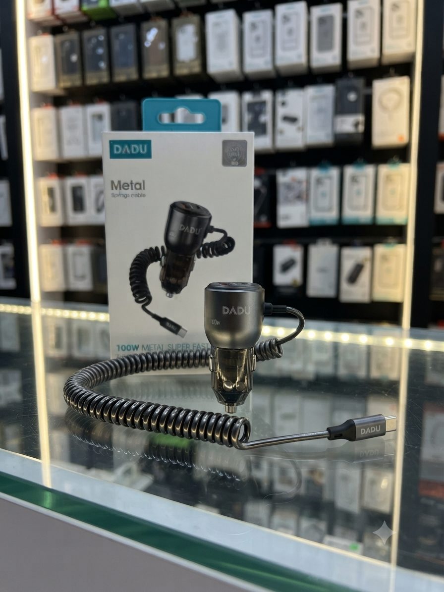 شاحن سيارة سريع جداً DADU بقوة 100 واط مع كابل ربيع معدني مدمج (Type-C) من MT mobile